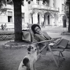 Hungary, Balatonfüred, Gyógy tér, háttérben az Állami Szívkórház (egykor Erzsébet szanatórium)., 1948, Somlói Miklós dr., dog, garden, relaxation, woman, deck chair, photo aspect ratio: square, Fortepan #204320