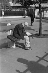 Hungary, Budapest V., a Dunakorzó a Vigadó térnél, háttérben az épülő Hotel Duna Intercontinental., 1969, Kereki Sándor, Budapest, reading, bench, old person, newspaper, Fortepan #205037