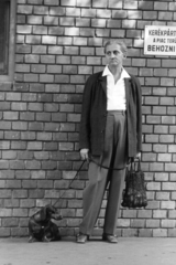 1976, Kereki Sándor, market, brick wall, dog, walking the dog, Dachshund, Fortepan #205516