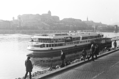 Magyarország, Budapest V.,Budapest I., pesti alsó rakpart, háttérben a budai Vár és a Széchenyi Lánchíd., 1972, Kereki Sándor, hajó, Duna, SZOT Budapest hajó, Budapest, Duna-part, kirándulóhajó, Fortepan #205663