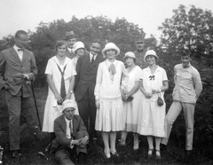 1920, Fortepan, fashion, hat, uniform, tableau, smile, women, men, wrist watch, gloves, handbag, walking cane, lady, summer dresses, Fortepan #20589