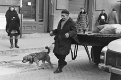 Magyarország, Budapest VII., a felvétel a Garay tér 19. számú ház előtt készült., 1975, Kereki Sándor, Budapest, kutya, svájcisapka, népviselet, kockás ruha, kézikocsi, keramit, Fortepan #205971