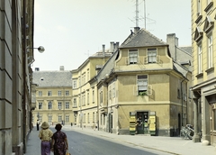 Hungary, Győr, a Király (Alkotmány) utca a Bécsi kapu (Köztársaság) tér felé nézve, jobbra a Probst-ház mellett a Sarkantyú köz., 1976, FŐFOTÓ, cart, Fortepan #207067