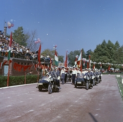 Hungary, Margit Islands, Budapest, Úttörő sporttelep / Úttörő stadion (később Margitszigeti Atlétikai Centrum), a Budapesti Közlekedési Úttörők IV. találkozója 1969. szeptember 14-én., 1969, FŐFOTÓ, colorful, flag, motorcycle with sidecar, number plate, Fortepan #207385