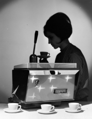 1969, FŐFOTÓ, coffee machine, striped dress, china, advertising photography, silhouette, Fortepan #207420