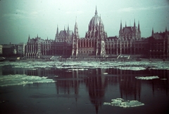 Magyarország, Budapest, Parlament., 1940, Fortepan, tél, színes, Steindl Imre-terv, országház, neogótika, Duna, jégzajlás, eklektikus építészet, Fortepan #20774