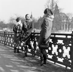 Magyarország, Városliget, Budapest XIV., a Városligeti-tó feletti híd, háttérben Vajdahunyad vára. Középen Bodó Sztenya manöken., 1969, FŐFOTÓ, szőrme, Budapest, Fortepan #208073