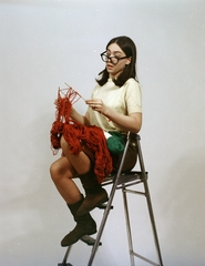 Hungary, 1969, FŐFOTÓ, glasses, ladder, knitting, advertising photography, handcraft, sitting on a ladder, Fortepan #208357