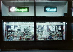 1969, FŐFOTÓ, colorful, Show window, candy store, neon sign, Christmas decorations, Fortepan #208453