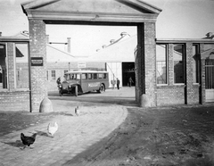 Magyarország, Budapest XIII., Lőportár utca, a Magyar Államvasutak Autóközlekedési Vállalata Rt. (MÁVAUT) székhelye, N-2 Mávag (Mercedes) autóbusz. Forrás: National Archives (USA), 1930, Négyesi Pál, autóbusz, magyar gyártmány, kapu, Mercedes-márka, MÁVAG-márka, baromfi, licenc, MAVART-szervezet, MÁVAG-Mercedes-Benz, MÁVAG N2, kerékvető, Budapest, felirat, Fortepan #20888