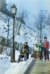 Magyarország, Budapest I., szánkózók a Király lépcső sétánynál, fenn a budai Vár., 1967, FŐFOTÓ, színes, Budapest, Fortepan #209137