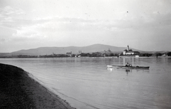 Hungary, Tahitótfalu, Duna-part. Szemben Vác., 1938, Balogh Jánosné dr. Horváth Terézia, church, paddling, Fortepan #209342