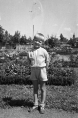 Hungary, Szolnok, Verseghy park, háttérben jobbra a Magyarok Nagyasszonya-templom (ismertebb nevén Vártemplom)., 1949, Jezsuita Levéltár, kid, hands behind the back, smile, kid, Fortepan #209565