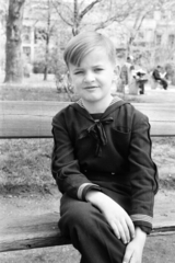 1952, Jezsuita Levéltár, bench, kid, sailor blouse, leg over leg, Fortepan #209590