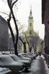 Magyarország, Budapest I., Roham utca, szemben a Krisztina téren a Havas Boldogasszony-templom., 1985, Belházy Miklós, Budapest, színes, Fortepan #210231