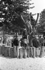 Magyarország, Budapest VIII., II. János Pál pápa (Köztársaság) téri játszótér, háttérben a Fővárosi Gázművek., 1964, Herpay Gábor, Budapest, rönkvár, Fortepan #210492