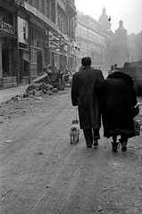 Magyarország, Budapest V., Petőfi Sándor utca a Ferenciek tere felé nézve, távolabb a kupolás épületek a Reáltanoda utca sarkán állnak., 1945, Vörös Hadsereg, Budapest, hölgy, úriember, járókelő, kutya, táska, civil, Fortepan #210534