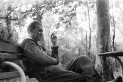 1949, Hontvári Judit, bench, cigarette, man, woods, Fortepan #210596