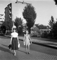 Magyarország, Budapest XI., Szabolcska Mihály utca, háttérben a Fehérvári úti Rendelőintézet és a Fehérvári út sarkán álló lakóház., 1951, Hontvári Judit, Budapest, nyári ruha, hölgy, hajfonat, csíkos ruha, egy lábon állni, Fortepan #210605