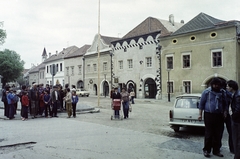 Hungary, Kőszeg, Jurisics tér, jobbról az első épület a Palocsay-ház, tőle balra a Szvetics-ház, a Sgrafittós-ház és a Batthyány-ház., 1979, Jakab Antal, number plate, colorful, Fortepan #210762