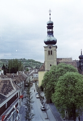 Hungary, Kőszeg, kilátás a Hősök kapujából a Rajnis utca felé, jobbra a Szent Imre-templom., 1979, Jakab Antal, colorful, Fortepan #210766