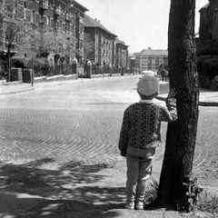 Magyarország, Budapest XII., Németvölgyi út, szemben a Kiss János altábornagy utca, távolabb a Böszörményi út sarkán álló ház látszik., 1960, Pokorni Bence, Budapest, háttal, Medgyaszay István-terv, Fortepan #211045