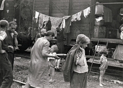 Hungary, a felvidékről kitelepített magyarok egy vasútállomáson., 1947, Rózsa László, displacement, hanging clothes, wagon dweller, emergency housing, Fortepan #211083