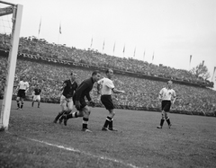 Svájc, Bern, Wankdorfstadion, NSZK - Magyarország (3:2) VB döntő mérkőzés 1954. július 4. Középen a német kapus mögött Hidegkuti Nándor (sötét mezben)., 1954, ETH Zürich, nézőtér, labdarúgás, Fortepan #211317