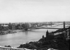 Magyarország, Budapest I.,Budapest V., kilátás a Királyi Palota (később Budavári Palota) felől az Erzsébet híd és a Szabadság (Ferenc József) híd felé, az előtérben jobbra a Döbrentei utca házsora., 1935, ETH Zürich, Duna, Budapest, Fortepan #211403