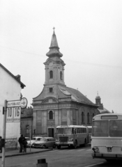 Hungary, Kecskemét, Széchenyi tér, autóbusz-állomás, szemben az ortodox Szentháromság-templom., 1976, Szathmáry Géza dr., bus, Ikarus-brand, Fortepan #211720