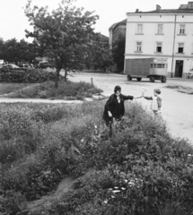 Lengyelország, Krakkó, ulica Powiśle, jobbra a 3-as számú ház. Balra az ulica Zwierzyniecka., 1965, Rose család, virágcsokor, virágszőnyeg, farakás, anya, pótkocsi, Fortepan #212250