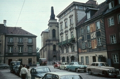 Lengyelország, Varsó, ulica Kościelna, szemben jobbra az ulica Zakroczymska és az Assisi Szent Ferenc-templom (Kościół św. Franciszka)., 1965, Rose család, utcakép, teherautó, templomtorony, Zuk-márka, FSO Warszawa 204P, freskó, Fortepan #212292