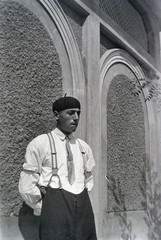 1941, Adelhardt Márta, hands behind the back, beret, suspenders, Fortepan #212373