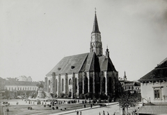 Románia,Erdély, Kolozsvár, Fő tér, Hunyadi Mátyás emlékműve és a Szent Mihály-templom., 1916, Österreichische Nationalbibliothek, Mátyás király ábrázolás, templom, Fortepan #212768