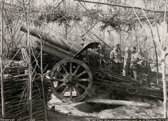 Olaszország, a Császári és Királyi Hadsereg tarackja álcázott tüzelési pozícióban a Piave folyó közelében., 1918, Österreichische Nationalbibliothek, Fortepan #212846