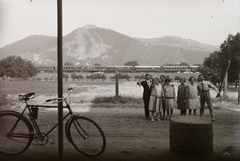 Magyarország,Dunakanyar, Nagymaros, háttérben Visegrád., 1939, Fortepan/Album002, kerékpár, csoportkép, tájkép, vonat, Fortepan #21314