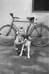 1955, Várkonyi Andrea, bicycle, dog, kid, Fortepan #213959