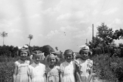 1955, Várkonyi Andrea, summer dresses, ribbon, girls, Fortepan #213971