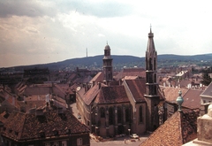 Hungary, Sopron, kilátás a Tűztoronyból a belváros felé, távolabb az evangélikus templom, előtérben a bencés templom (Kecske templom)., 1978, Fortepan, colorful, railing, autumn, architecture, balcony, Fortepan #21442