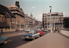 Hungary, Budapest V., Erzsébet híd pesti hídfő, Március 15. tér., 1975, Fortepan, church, colorful, bridge, Czechoslovak brand, Gerrman brand, Soviet brand, Opel-brand, Skoda-brand, neon sign, Fiat-brand, Lada-brand, Moskvitch-brand, Italian brand, university, number plate, police vehicle, Budapest, Fortepan #21461