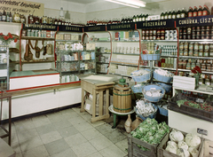 1970, FŐFOTÓ, label, counter, shop interior, food, tin can, chest, Fortepan #214779