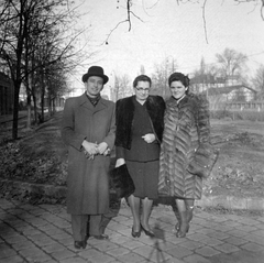 Hungary, Budapest II., Árpád fejedelem útja a Császár fürdő előtt, a Zsigmond tér felé nézve., 1944, Hegedűs Judit, fur coat, cobblestones, Budapest, Fortepan #21552