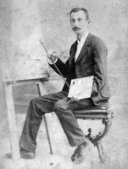 1917, Hegedűs Judit, portrait, moustache, man, chair, painter, easel, Fortepan #21554