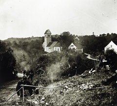 Switzerland, (Unterbözberg), balra kanyarog a Kirchbözberg, mellette a református templom., 1916, Major Lajos, Fortepan #216413