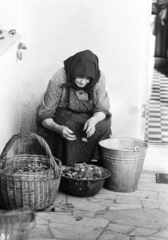 1977, Gothár Péter, headscarf, basket, sitting, old person, apron, Fortepan #216604