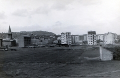 Hungary, Budapest XI., a Hamzsabégi úttól a Gellért-hegy felé nézve. Balra a kelenföldi református templom és a hozzákapcsolódó két bérház, az Október huszonharmadika (Darányi Kálmán) utcánál. Jobb szélen távolabb a Bercsényi utca házsora látszik, 1944, Mihályi Balázs, Budapest, picture, church, Fortepan #217822