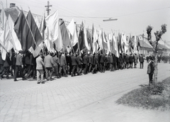 Magyarország, Esztergom, Kossuth Lajos utca (11-es főút), május 1-i felvonulás. Háttérben fától takarva a Ferencesek Szent Anna-templomának tornya., 1974, Almássy László, Fortepan #217965