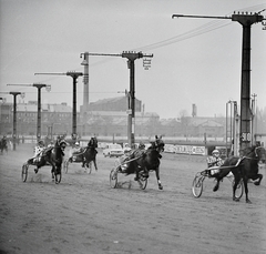 Magyarország, Budapest VIII., Kerepesi úti Ügetőpálya, befutóegyenes, háttérben a gumigyár., 1973, Kotnyek Antal, sport, lóverseny, Budapest, Fortepan #21833