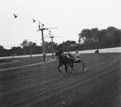 Magyarország, Budapest VIII., Kerepesi út, Ügetőpálya, tattersalli kanyar. Sipos Tamás amatőrhajtó a szulkiban., 1973, Kotnyek Antal, sport, lóverseny, Budapest, Fortepan #21838