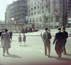 Magyarország, Budapest XI., Szent Gellért tér, Gellért Szálló., 1957, Burszán Sándor, villamos, képarány: négyzetes, színes, állvány, Budapest, Fortepan #218436